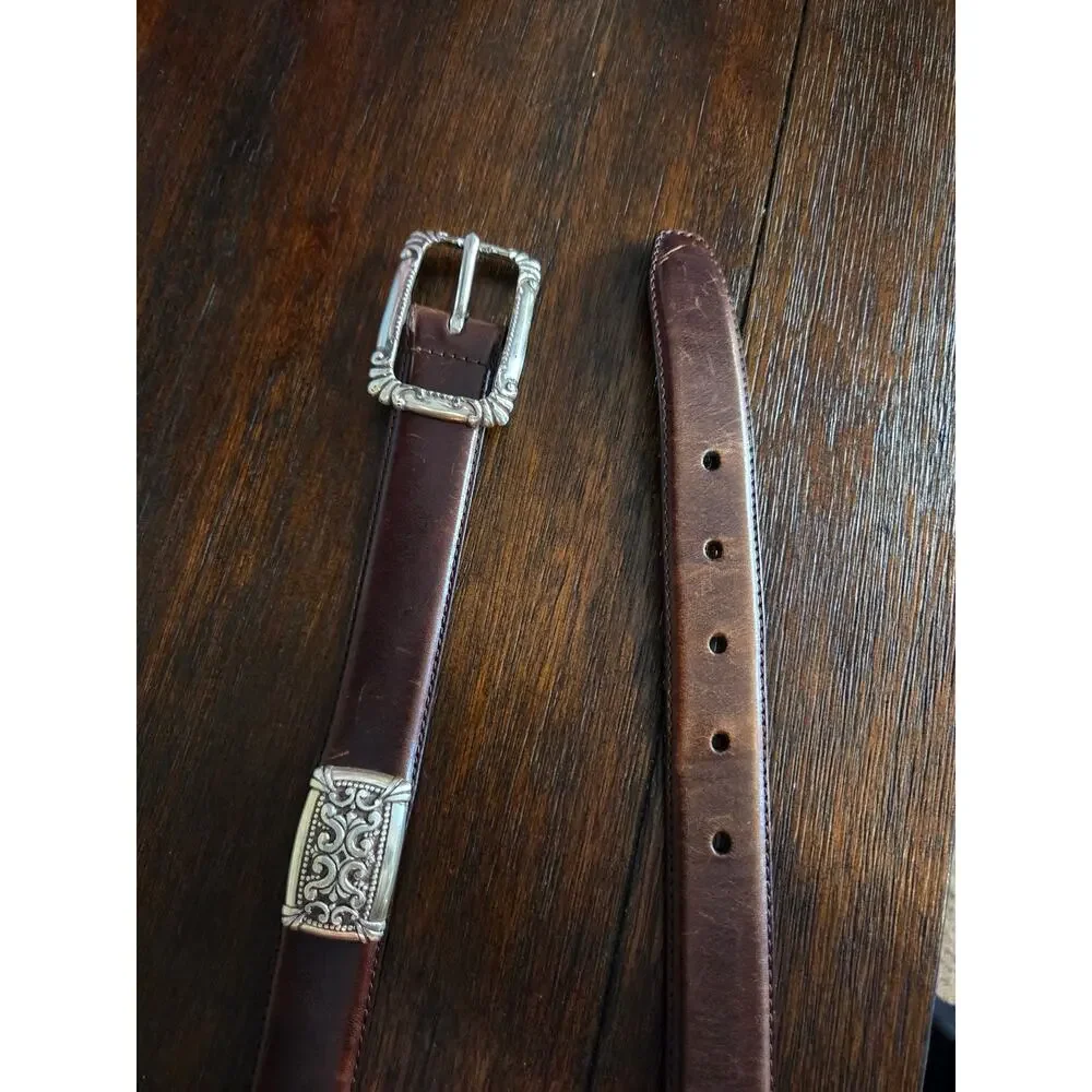 Fossil leather brown belt silver toned square buckle embellishments western M